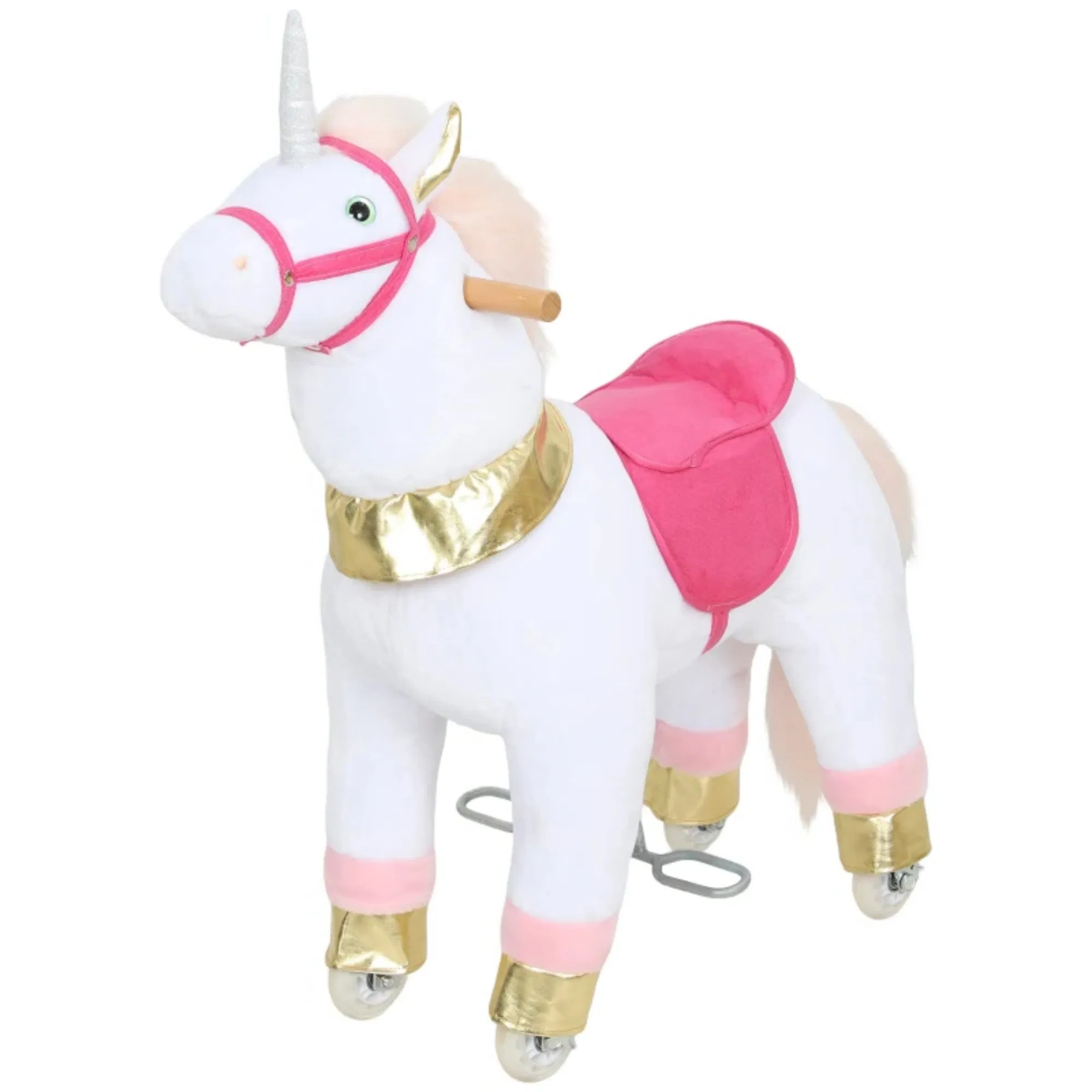 White 29.5" Plush Unicorn Ride-On Toy | Kids Rocking Horse with Wheels, No Battery 3-5 Years — image 3