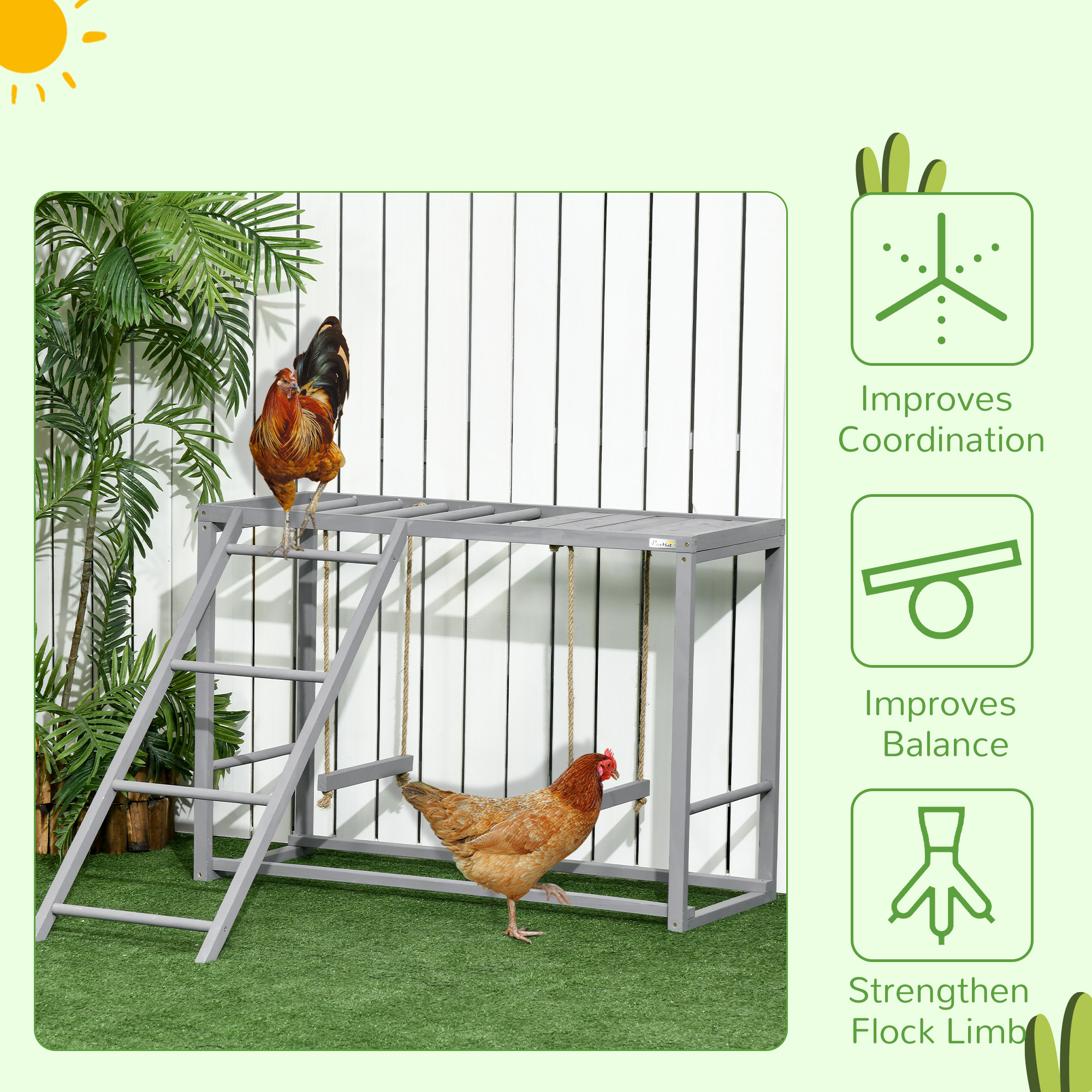 Actividad de Pollo con Conjunto de Suelo para 3-4 Aves, Accesorio de Gallinero en Madera con Perchas Múltiples y Escalera de Ponedoras, Gris — imagen 6