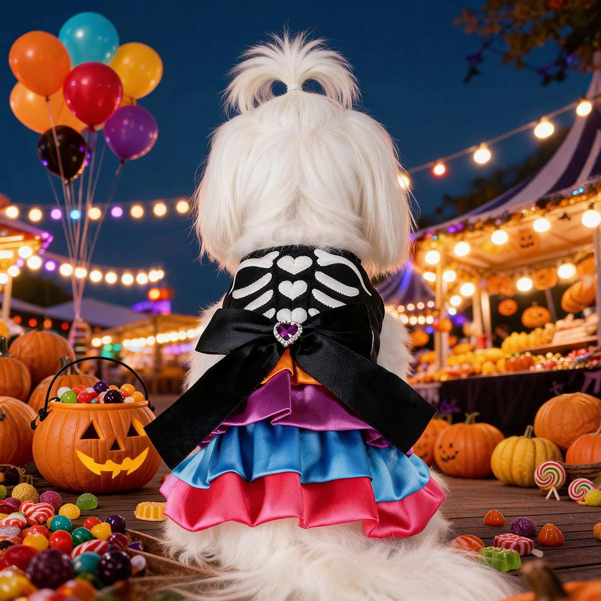 Disfraz de Calavera de Halloween para Mascotas con Tulle Arcoiris y Cinta, Vestido Divertido para Fiesta de Perros y Gatos — imagen 3