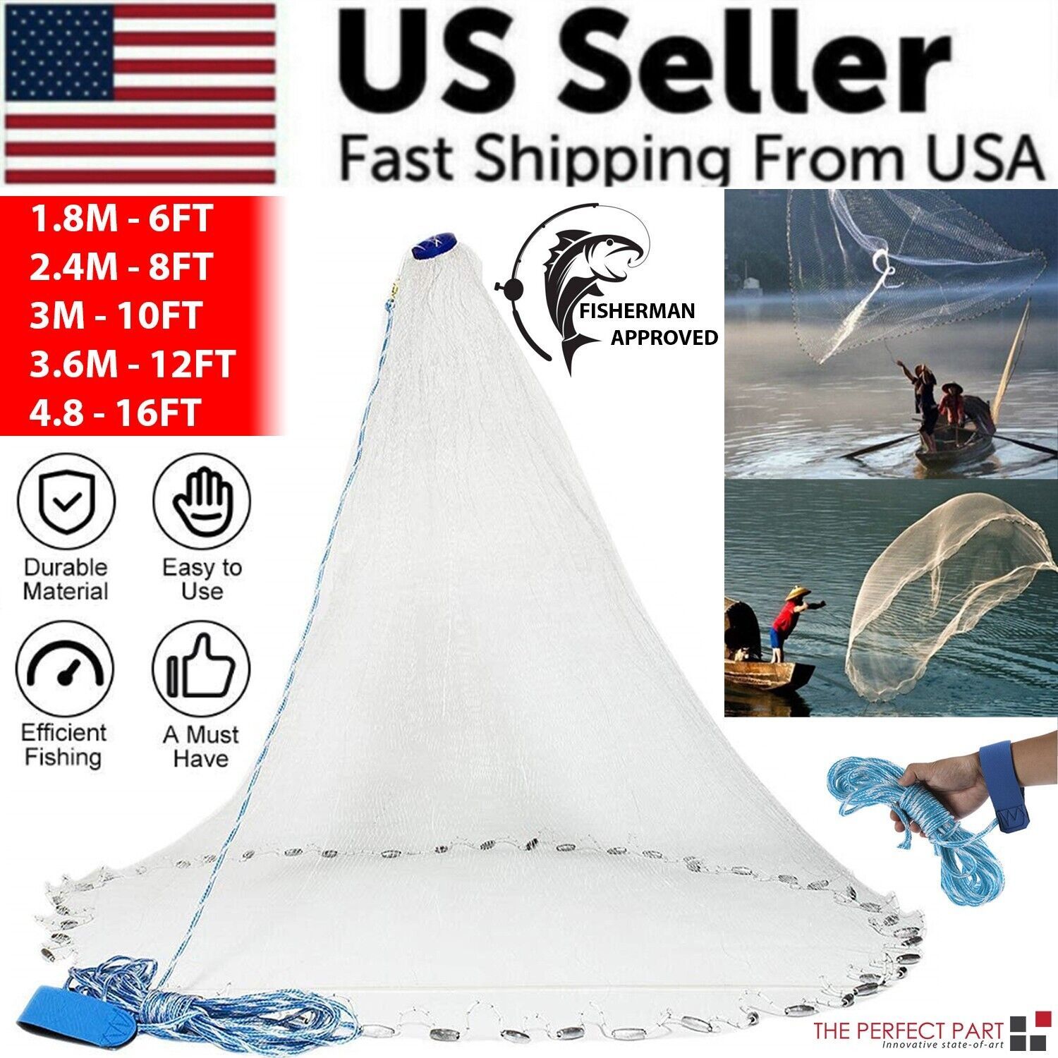 Red de Pescar para Cazar con Red de Pesca Manual Fácil Lanzamiento Fuerte Malla Nylon USA — imagen 26