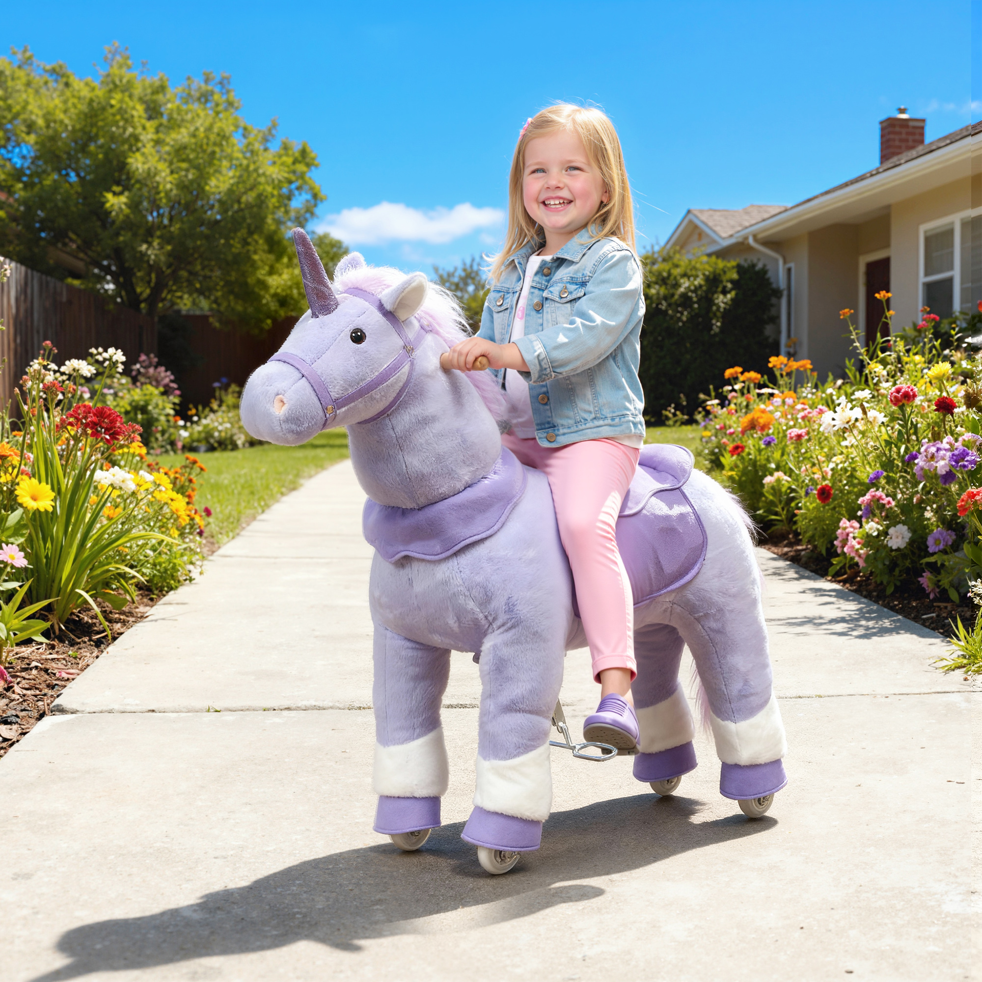Ride on Unicorn Toy for Kids 4-7 Years, 37.8 Inch Plush Baby Rocking Horse with Wheels, No Battery Required, Purple — image 1