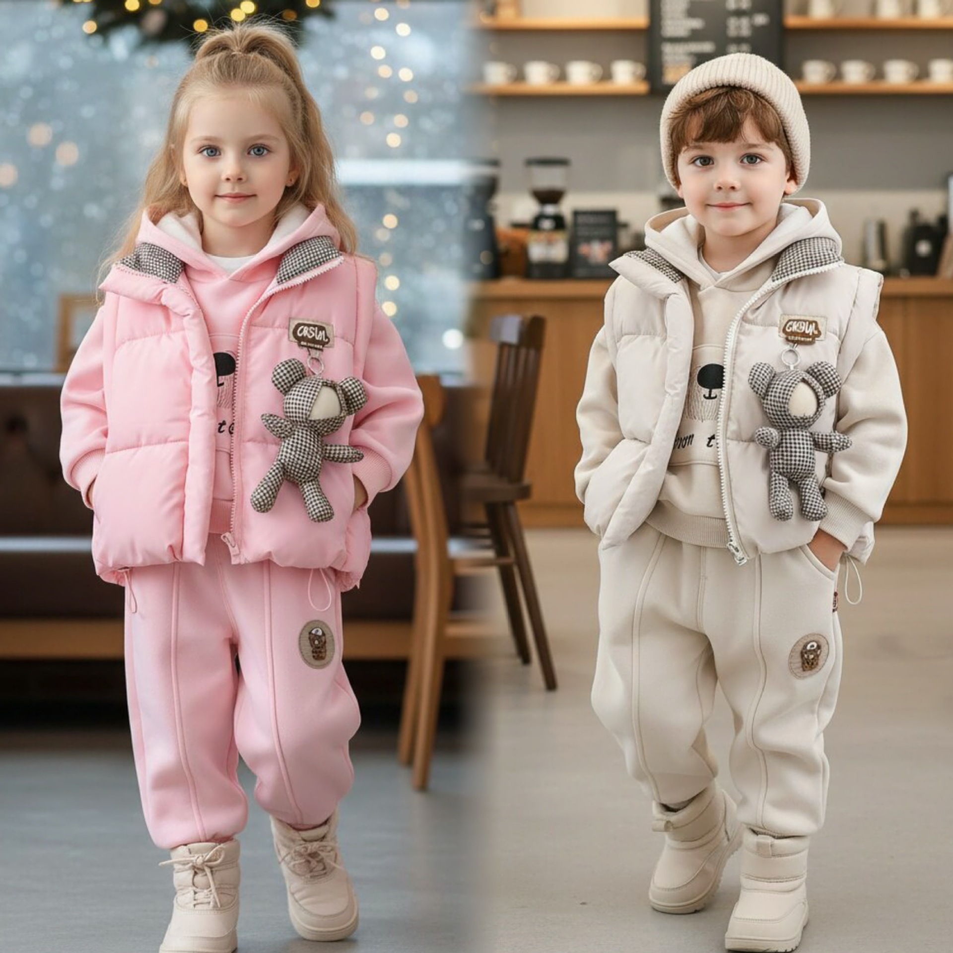 Boys Winter 3D Bear Pattern 3-Piece Set Thickened Cotton Vest Fleece-Lined Hoodie Pants Kids Warm Outfit — image 6
