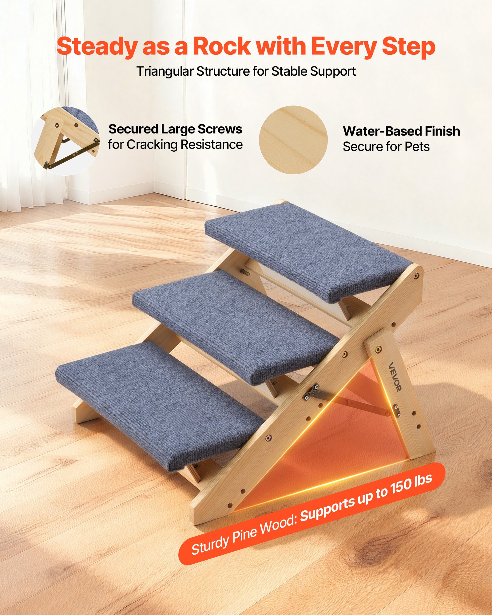 Wood Pet Stairs, 3-Step Dog Stairs For Beds, Sofa & Cars, 150lbs Load Capacity, Floded Flat Design, Stable & Sturdy Cat & Dog Step Ladder For Small Medium Large Older Pet Puppy — image 3