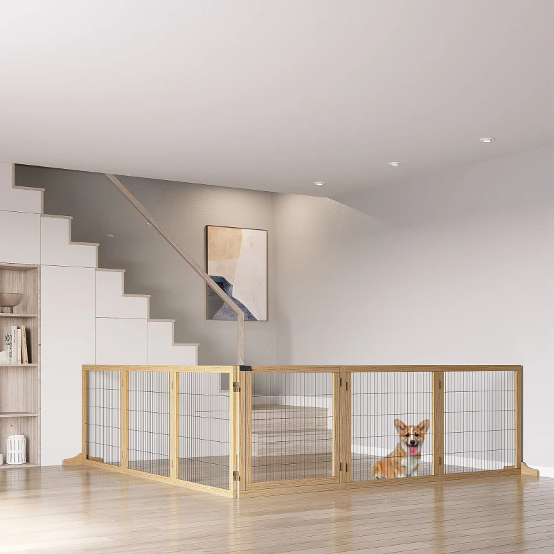PawHut Wooden Pet Gate, 6-Panel Folding Dog Safety Barrier With Support Feet For Small & Medium Dogs, Natural Wood — image 6