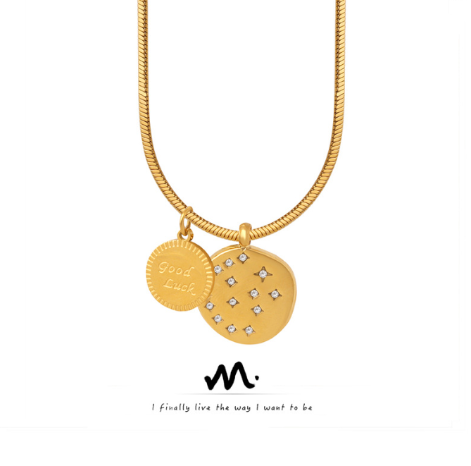 A niche design with a non fading snake bone chain circular plate inlaid with zircon pendant necklace fashionable jewelry — image 1