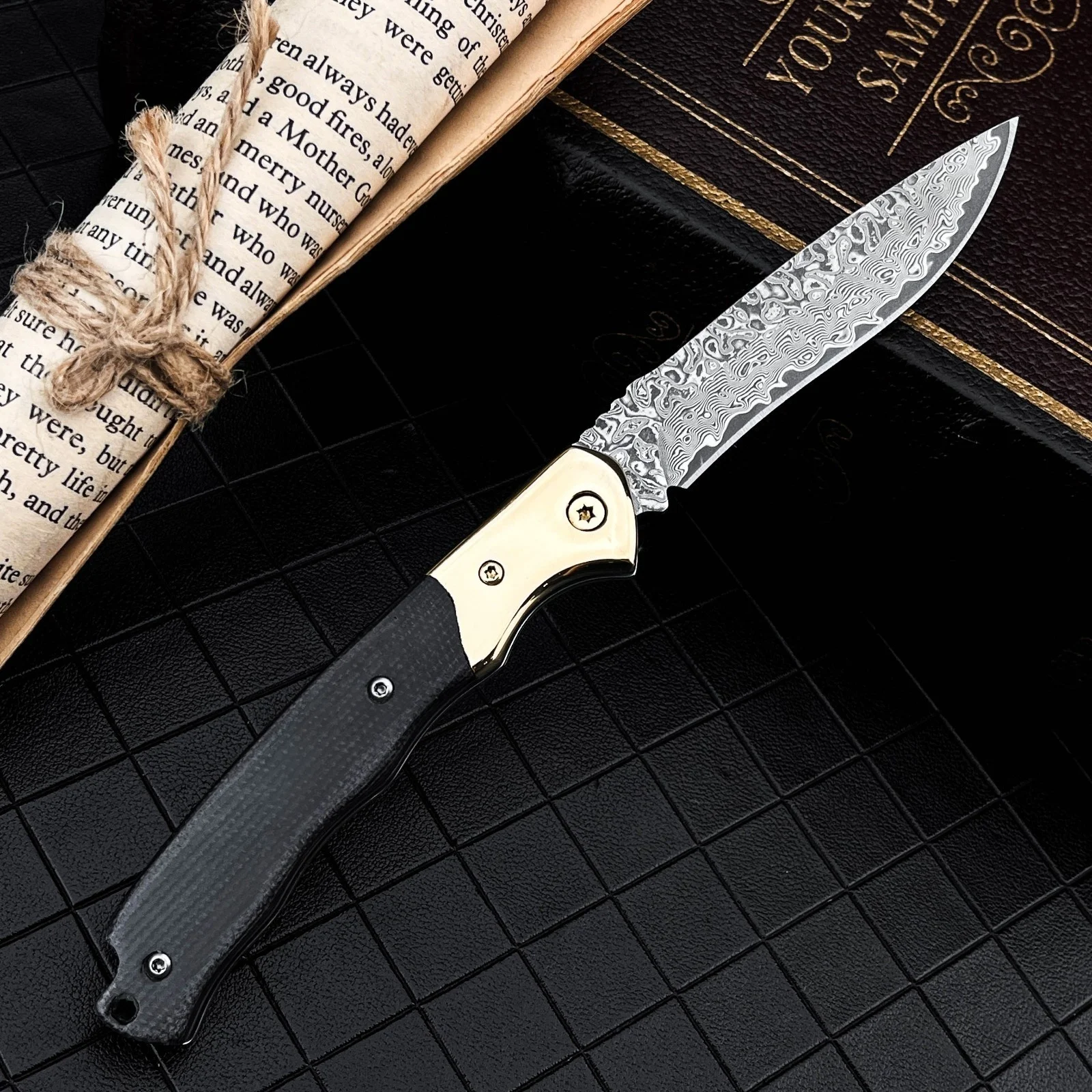 High Hardness Damascus Steel Camping Fishing Hiking Folding Knife Outdoor Activities Gear Micarta + Brass Handle Climbing Tools — image 1