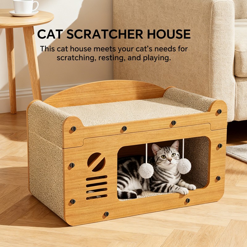 Double Layer Upgraded Cat Scratcher Sofa, TV Shape Cat Bed With 2 Teaser Balls, For Large Cats Up To 20lbs — image 2