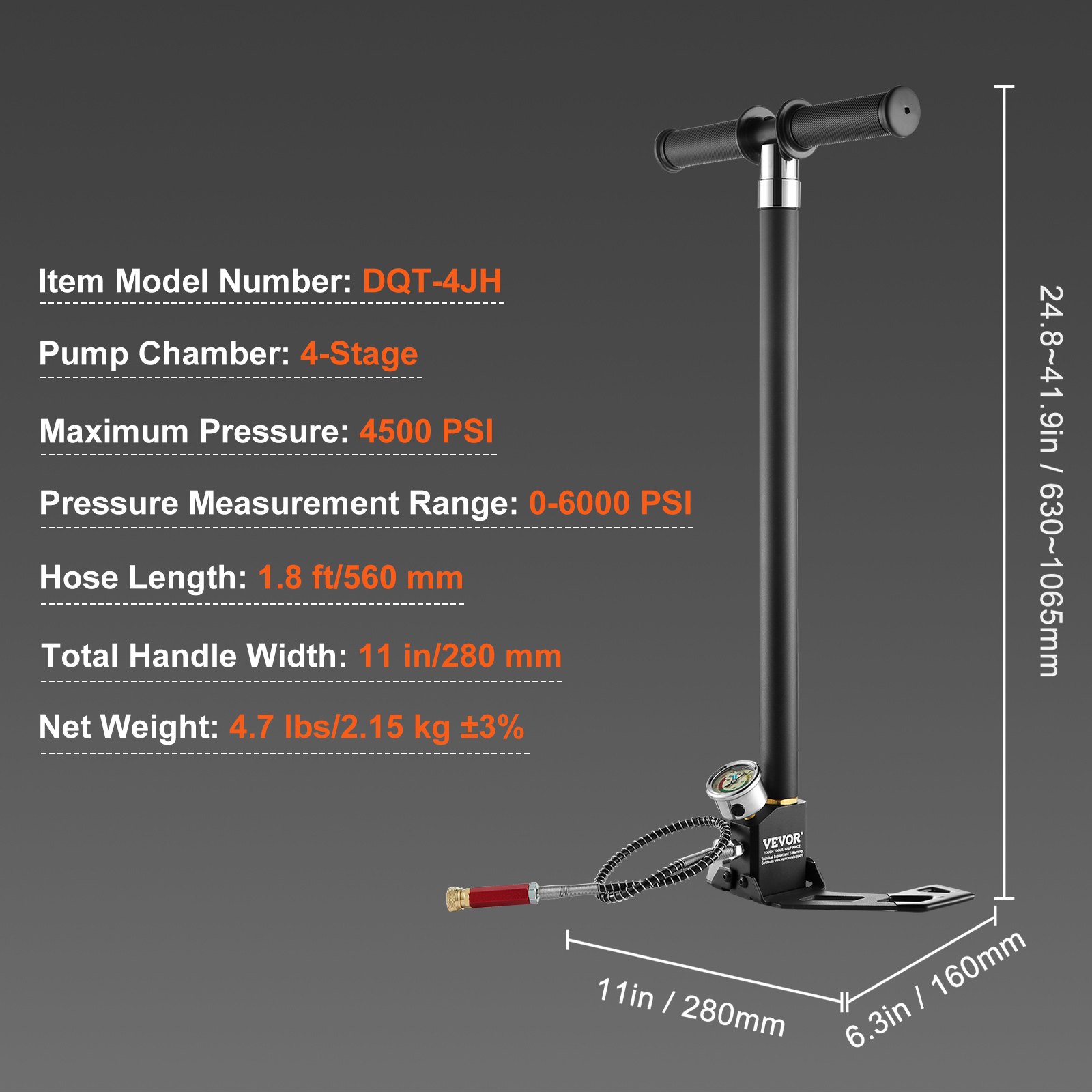PCP Hand, 4 Stage, 30Mpa 4500 PSI High Pressure PCP Air Rifile Filling Stirrup Pump With Oil-Moisture Filter Pressure Gauge, Stainless Steel For Airguns Scuba Tank Paintball Filling Tire — imagen 3