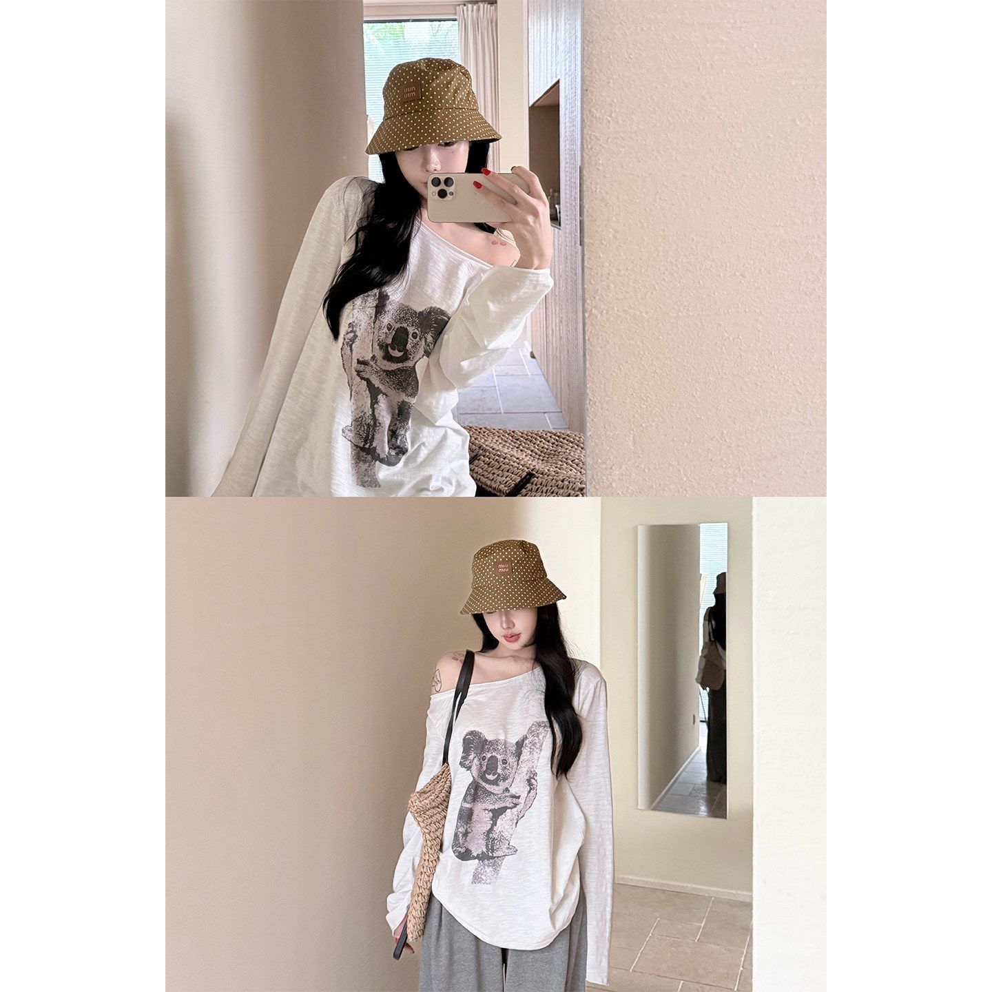 Laid-back Style Koala Print Shoulder Long Sleeve T-Shirt for Women — image 3
