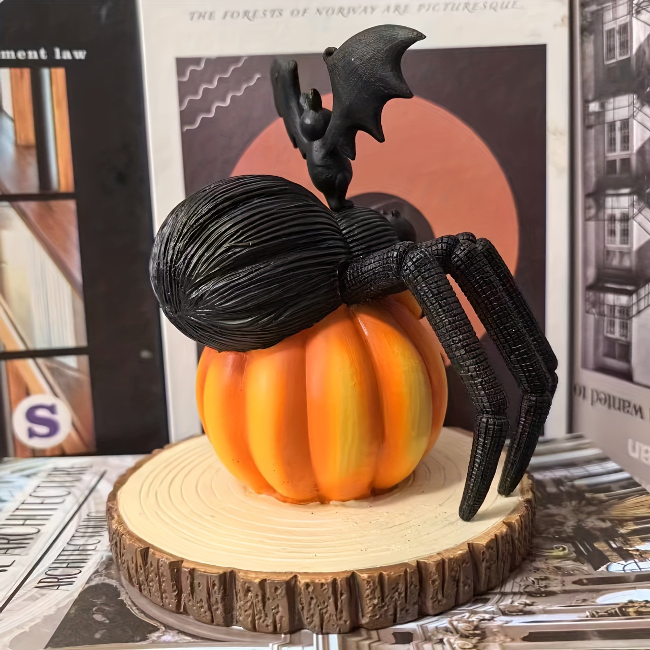 Araña de calabaza en estaca de madera decoración atmosférica de resina objetos decorativos Calabaza con Araña — imagen 2