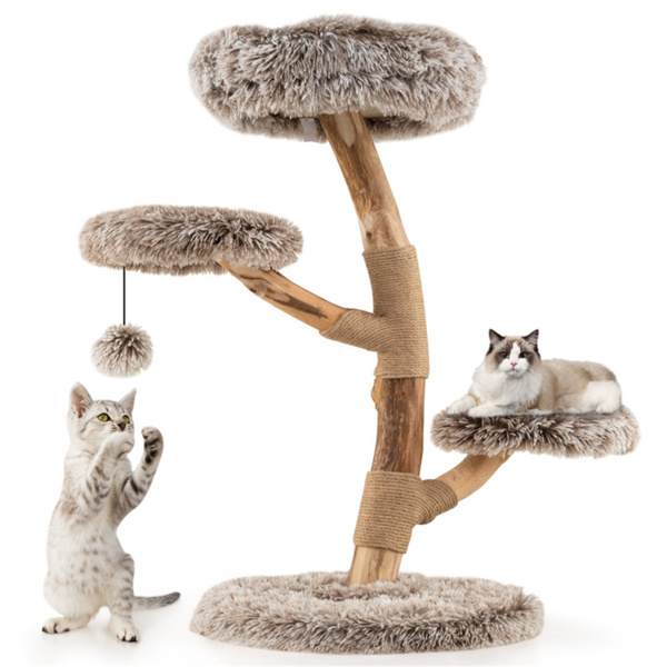 Árbol de Gato Multinivel en Madera de Perejil Natural, Postes de Rasguñado de Sisal, Pelotas Plumas y Tela Larga — imagen 4