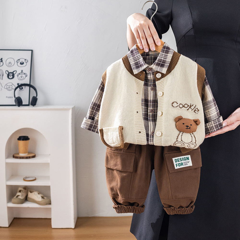Toddler Boys 3-Piece Set Bear Letter Print Sweater Vest Spring Autumn Outfit 0-4 Years — image 1