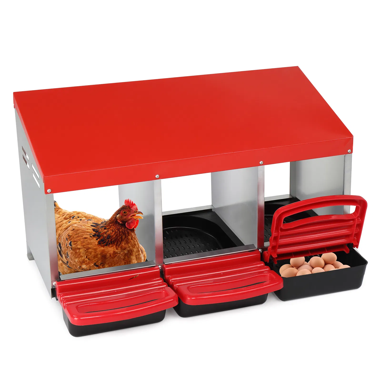 3 Compartment Roll Out Chicken Nesting Box with Plastic Basket, Egg Nest Box Chicken Laying Box Hens Chicken Coop Box, Red — imagen 9