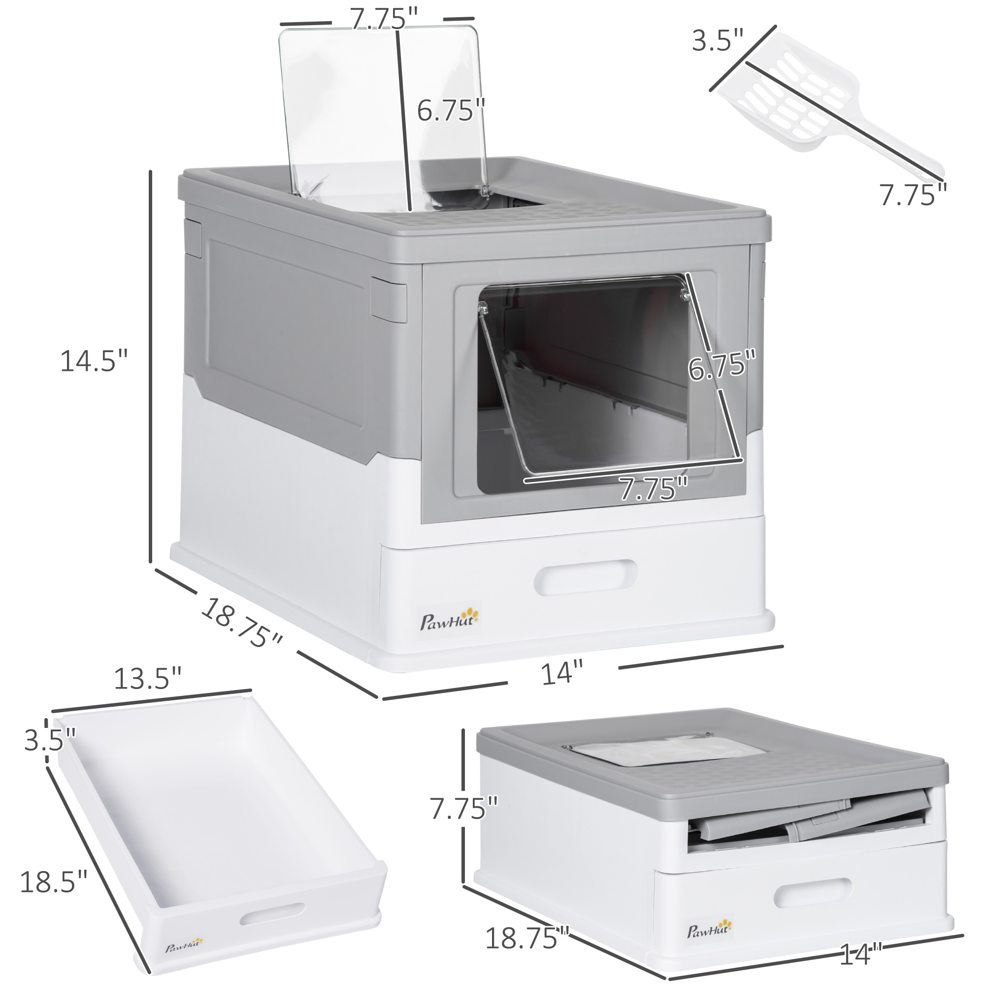Fully Enclosed Cat Litter Box With Front Entry And Top Exit, Plastic, Gray & White — imagen 3