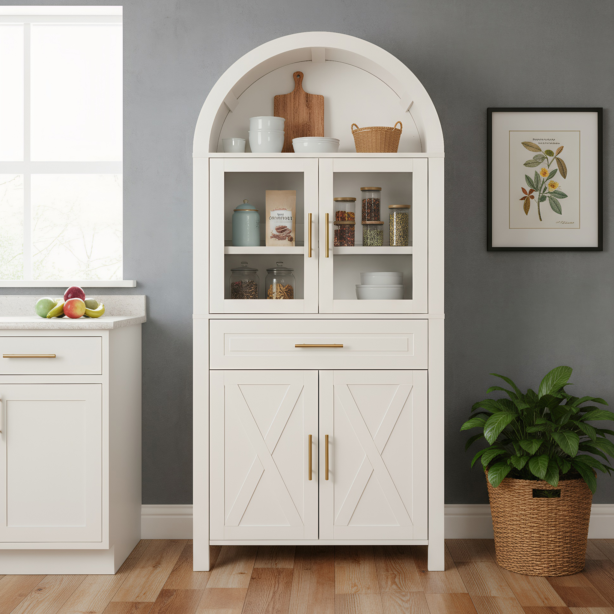 Pantry de Cocina con Puerta de Vidrio y Diseño de Estilo Rural de 71" de Alto con Aros, Armario de Almacenamiento con Estanterías Ajustables para Cocina, Salón y Comedor, Blanco — imagen 1