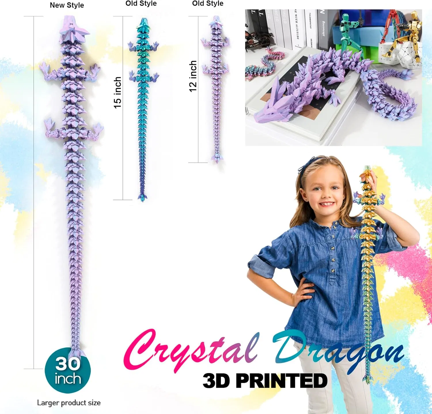 30" Large 3D Printed Dragon, Flexible Articulated Crystal Dragon Fidget Toy, Cool Big Dragon Toy, Huge 3D Printed Dragon Gift for Girls Boys Kids Christmas & Birthday — image 4