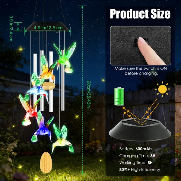 2Pcs Options - Solar Hummingbird Wind Chime With Aluminum Tubes 7 Color Changing Wind Chime For Outside IPX4 Waterproof Outdoor Garden Yard Decor — image 6