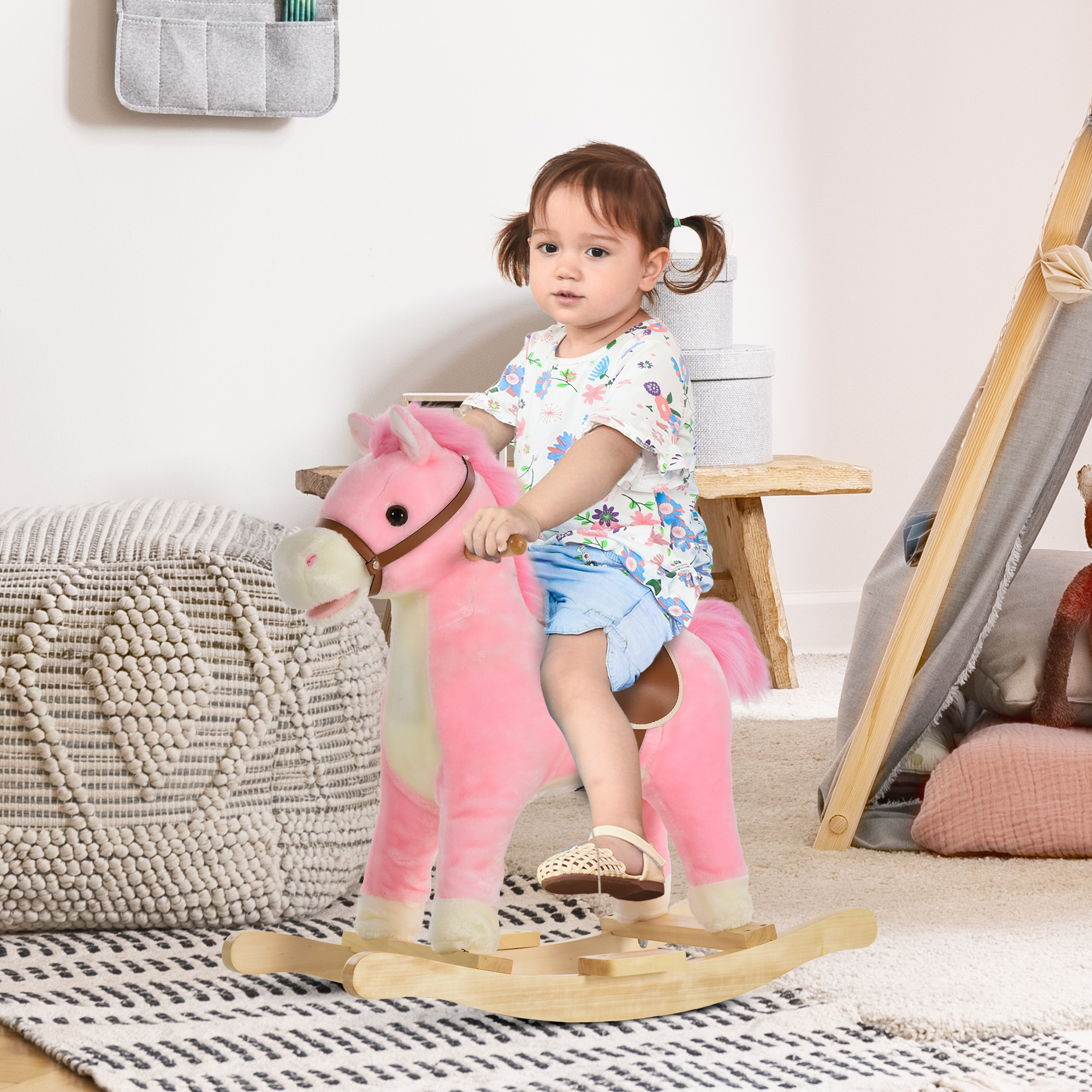 Rocking Horse Plush Animal on Wooden Rockers, Baby Rocking Chair with Sounds, Moving Mouth, Wagging Tail, Pink — image 3