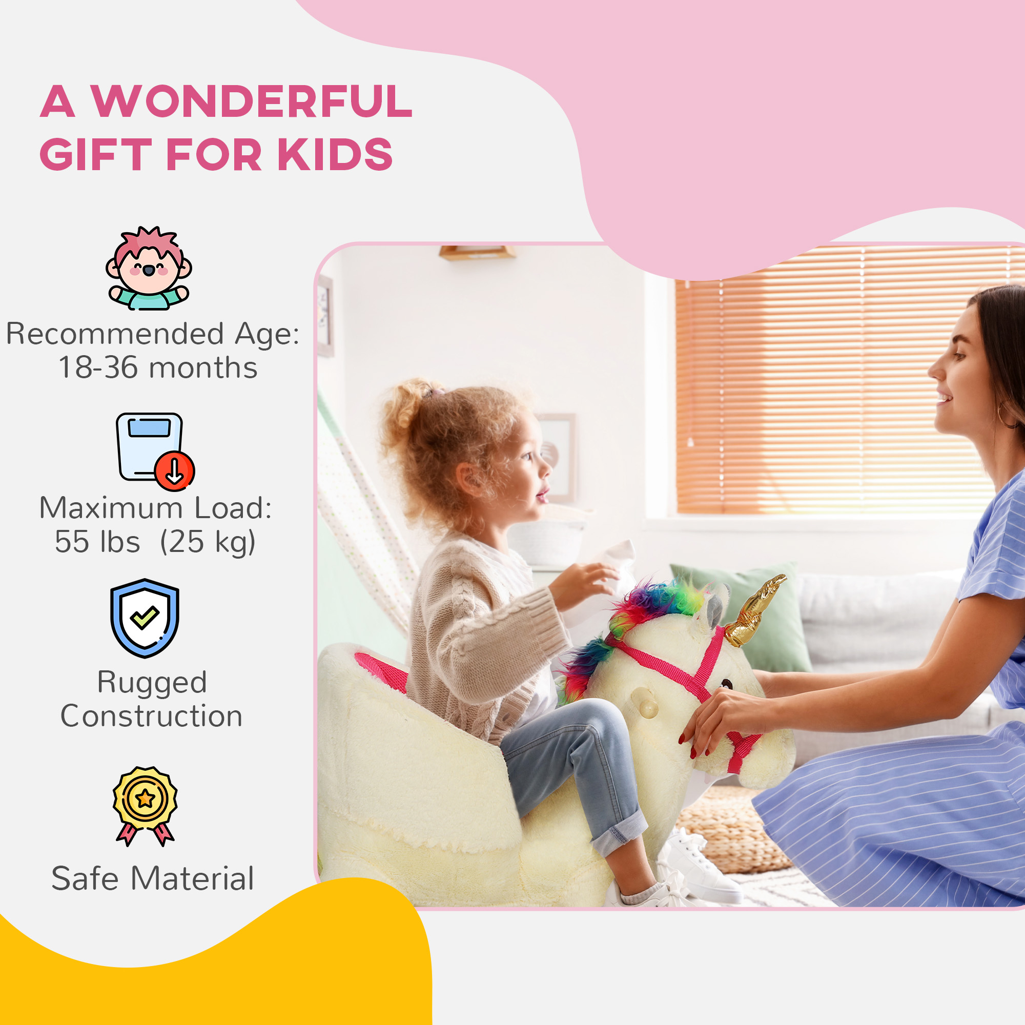 Kids Rocking Horse, Unicorn with Realistic Sound, Safety Belt & Wooden Base for 18-36 Months — image 6