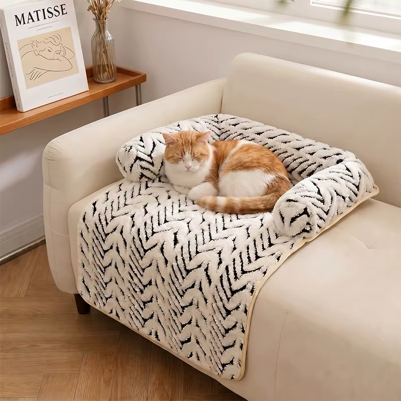 Pet Sofa Bed Mat with Side Bolsters Soft Fluffy Couch Protector Mat Anti-slip Dog Cat Bed Sleeping Cushion for Small Medium Pets — image 2