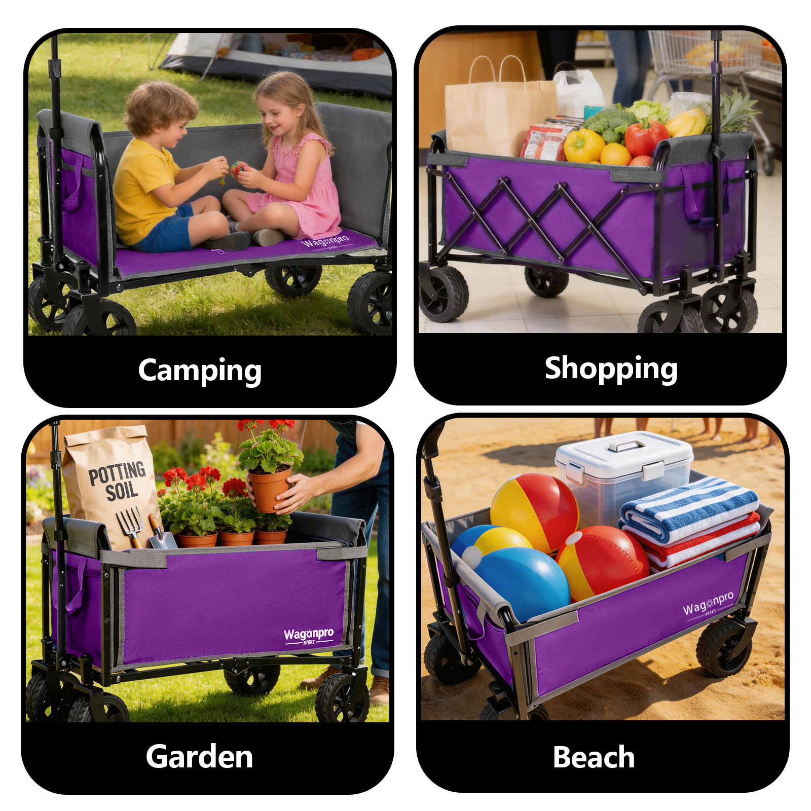 Carro de Camping Convertible con Ruedas Amplias 5x2 Pulgadas, Accesorios para Perros y Almacenamiento Versátil para Playa, Tiendas y Aventuras de 220 Libras Capacidad en Púrpura — imagen 4