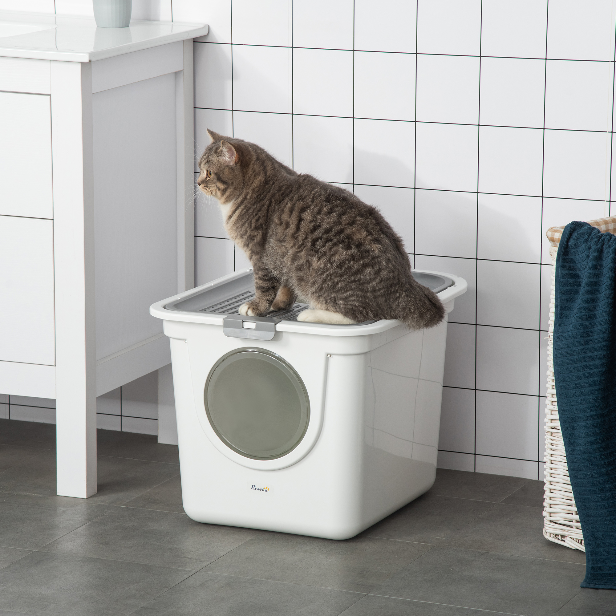 Caja de Arena para Gatos con Entrada Frontal y Salida Superior, Fácil de Limpiar con Escoba Incluida, Control de Olor, Blanco — imagen 3
