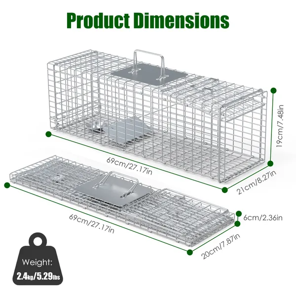 Live Animal Trap Cage 27x7.5x8in Folding Catch And Release Steel Humane Cat Trap For Racoons Stray Cats Rabbits Beavers Hedgehogs Chipmunk Small Animals — imagen 5