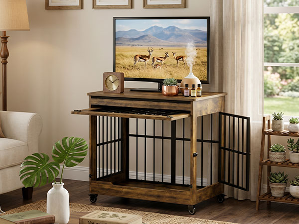 Dog Crate Furniture, Double Door Wooden Indoor Dog Kennel Furniture, Decorative Pet Cage End Table With Wheels For Medium And Small Breed Dogs, Size M, Greige — image 32