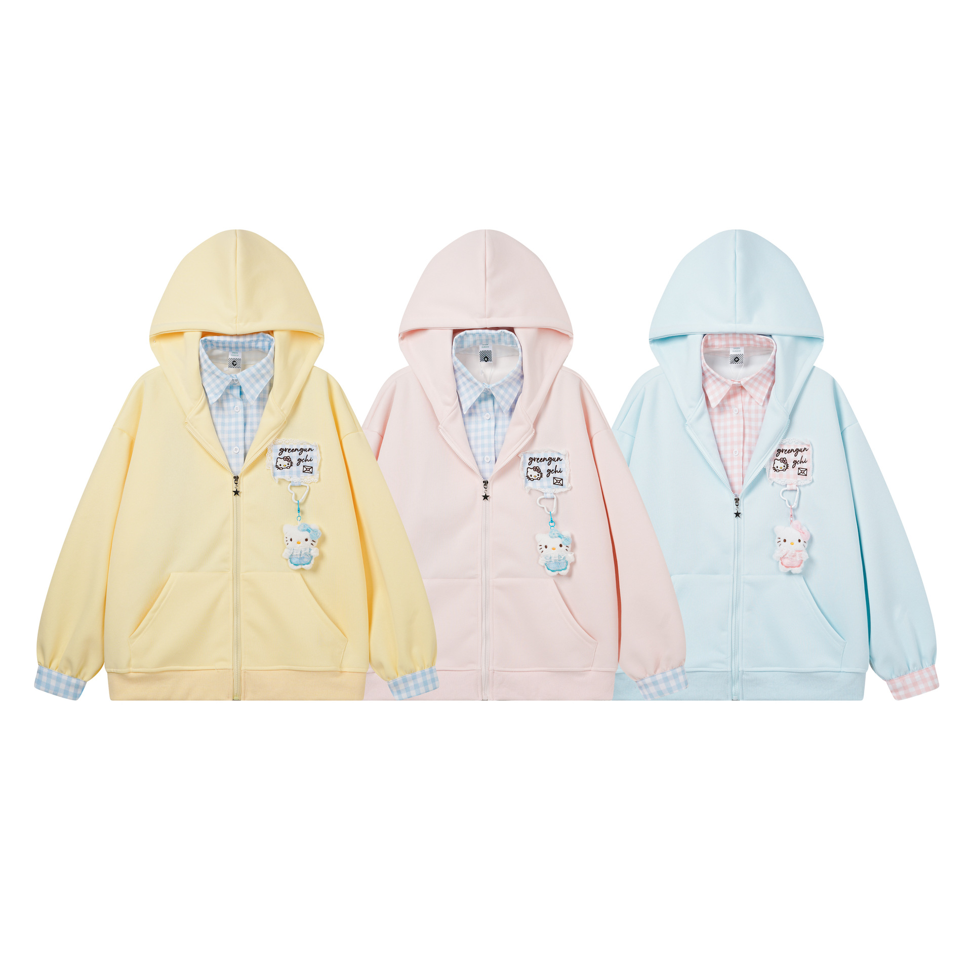 Cute Plaid Patchwork Hooded Sweatshirt with Cat Charm, Fake Two-Piece Cardigan Design — image 5