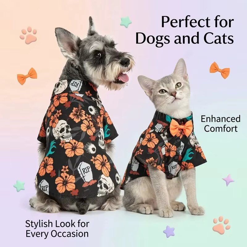 Halloween Dog Shirt Floral Pet Hawaiian Shirt with Bowtie Puppy Clothes Apparel Holiday Party Costume for Small Medium Dogs Cats — image 3