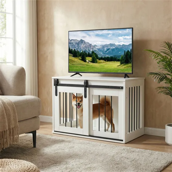 Jaula-Mueble para Perro de 31.5" con Puerta Corrediza Estilo Granero, Mesa Auxiliar/Casa para Perro de Madera para Interiores - Blanco — imagen 5