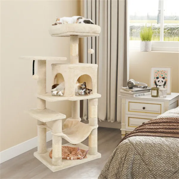 44" Multi-Level Cat Tree With Spacious Top Perch, 2-Door Condo & Hammock For Indoor Cats -Beige — image 2