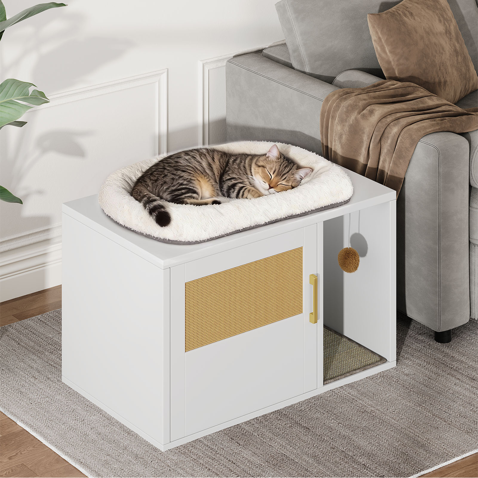 Caja de Limpieza para Gatos Multifuncional de Diseño Blanco Moderno Casa para Gatos con Lavabo y Mesa de Sílabo para Dormitorio y Salón — imagen 22