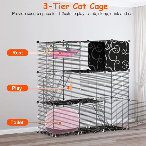 Jaula/Corral para Gatos de 3 Niveles para Interior con Hamaca, Pelota de Juguete y Escalera, Casa de Alambre de Hierro para Armar Tipo DIY para 1-2 Gatos, Hurones, Conejos y Otros Animales Pequeños — imagen 4