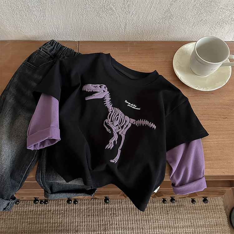 Fake two dinosaur pullovers baby round neck hoodie — image 2