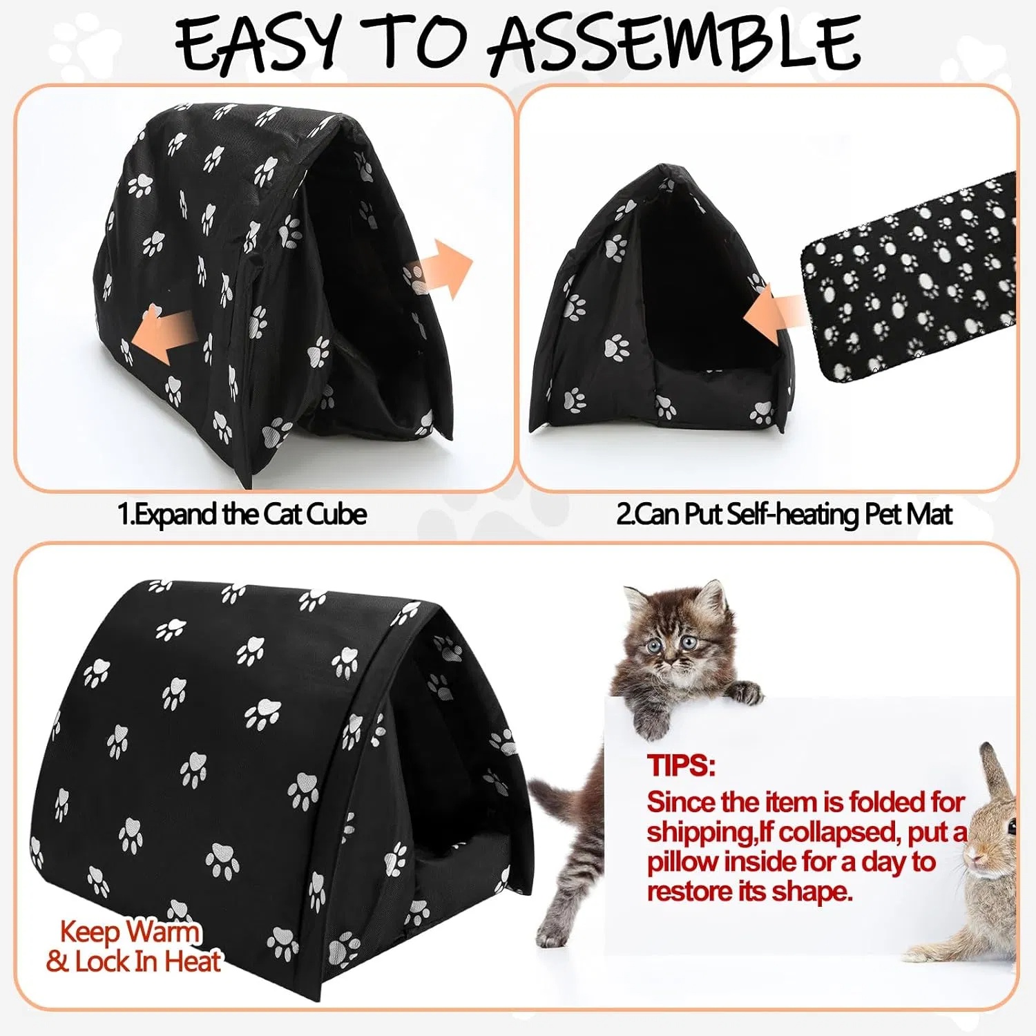 Casa de invierno para gatos al aire libre con manta auto-calorizante 17'' x 12'' Impermeable plegable refugio para gatos ferales perros cachorros animales salvajes hogar interior — imagen 6
