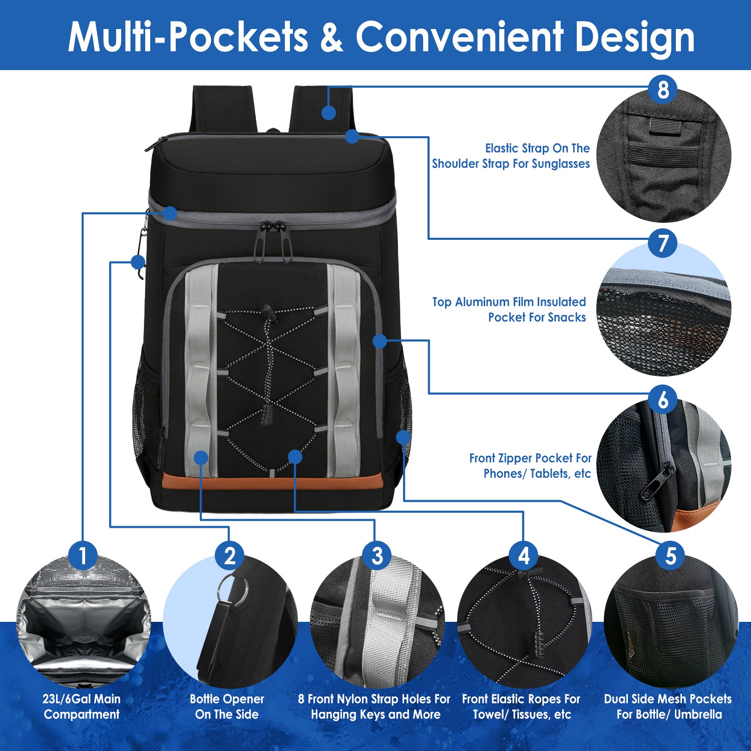 Opciones Gris-Negro - 1 Pieza Bolsa de Enfrío para Caminar con 36 Cánicas Resistentes al Derrame y Aisladas, 25L / 6.6 Gal para Pícnic, Camping, Playa, Senderismo, Pesca y Viajes — imagen 16