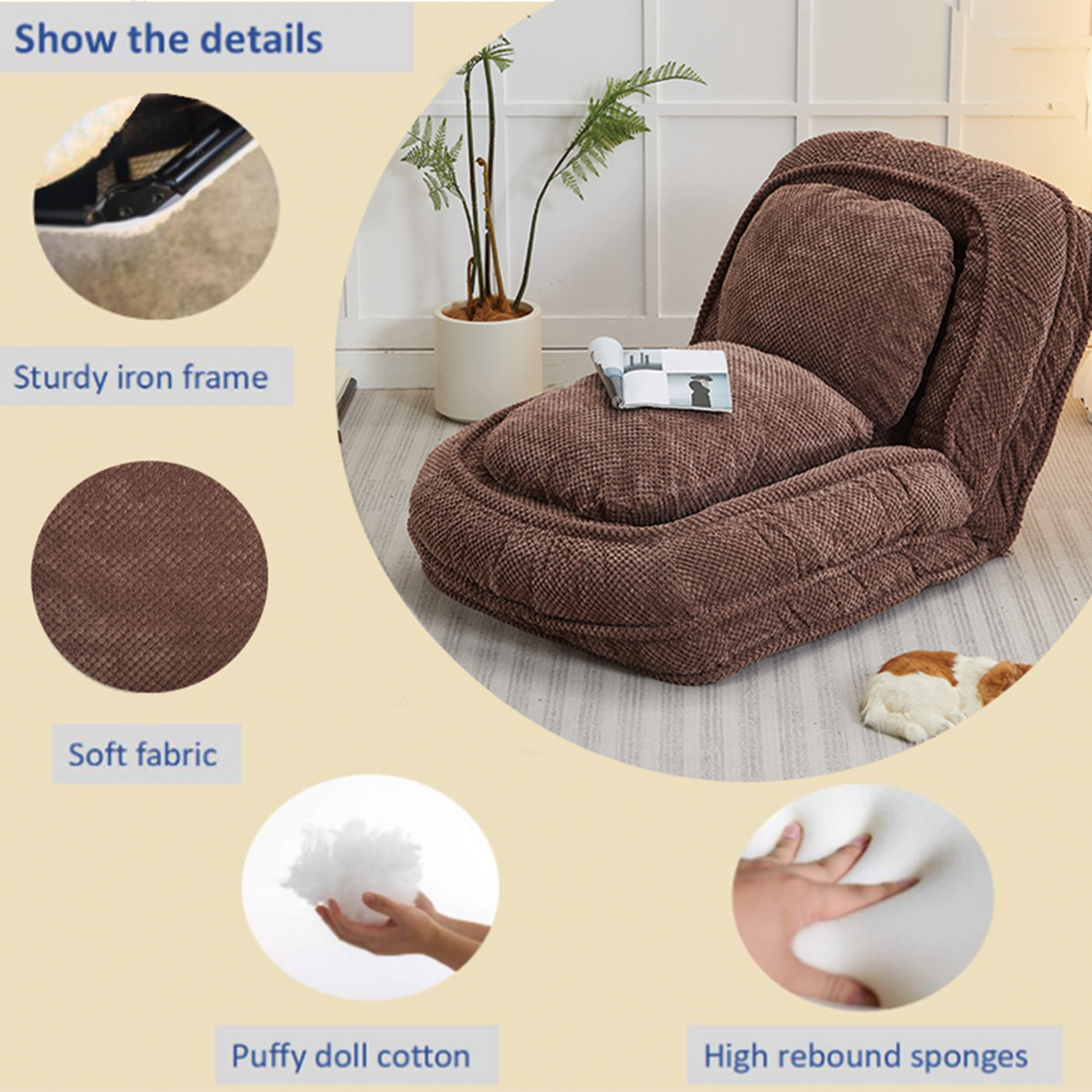 Silla de Pelo para Perros, Sofá Relajante con 5 Posiciones Ajustables, sentarse, dormir, plegable, ideal para sala de estar, dormitorio, diseño ahorrador de espacio, marrón — imagen 4