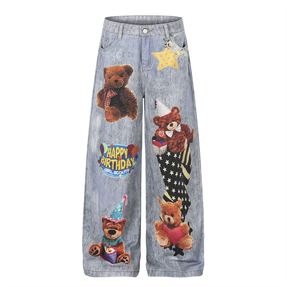 Teddy bear cartoon hot stamping straight leg denim pants — image 1
