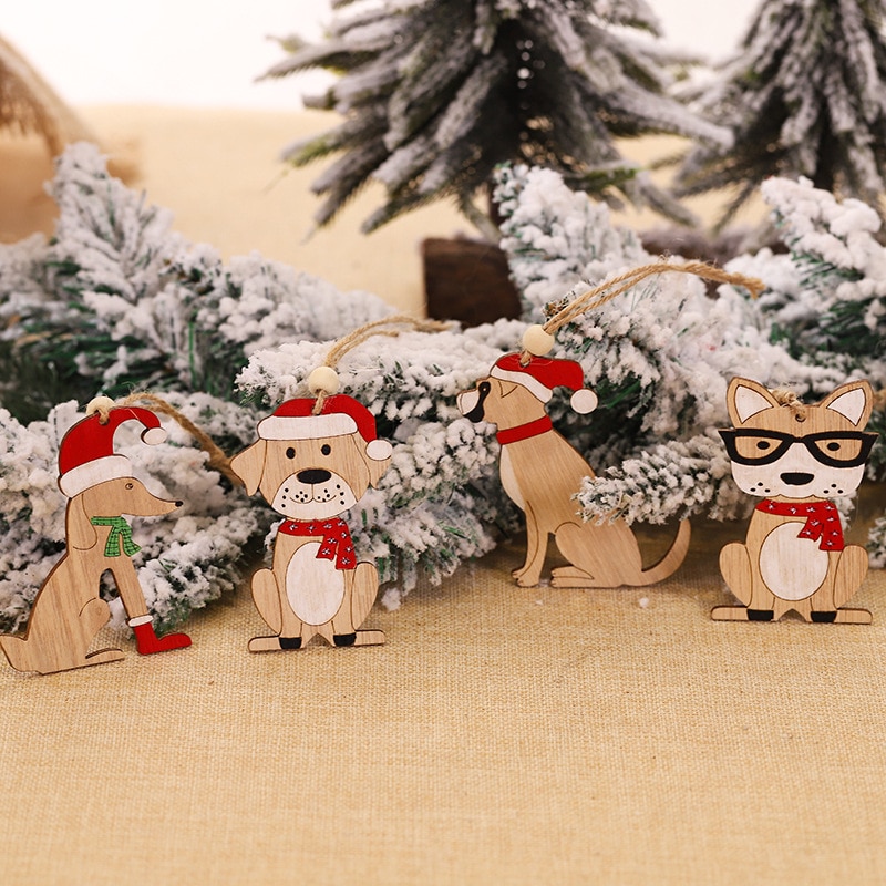 4 Piezas de Adornos Colgantes de Madera con Diseño Creativo de Perro con Gorro Rojo, Decoración para Árbol de Navidad, Feliz Navidad — imagen 2