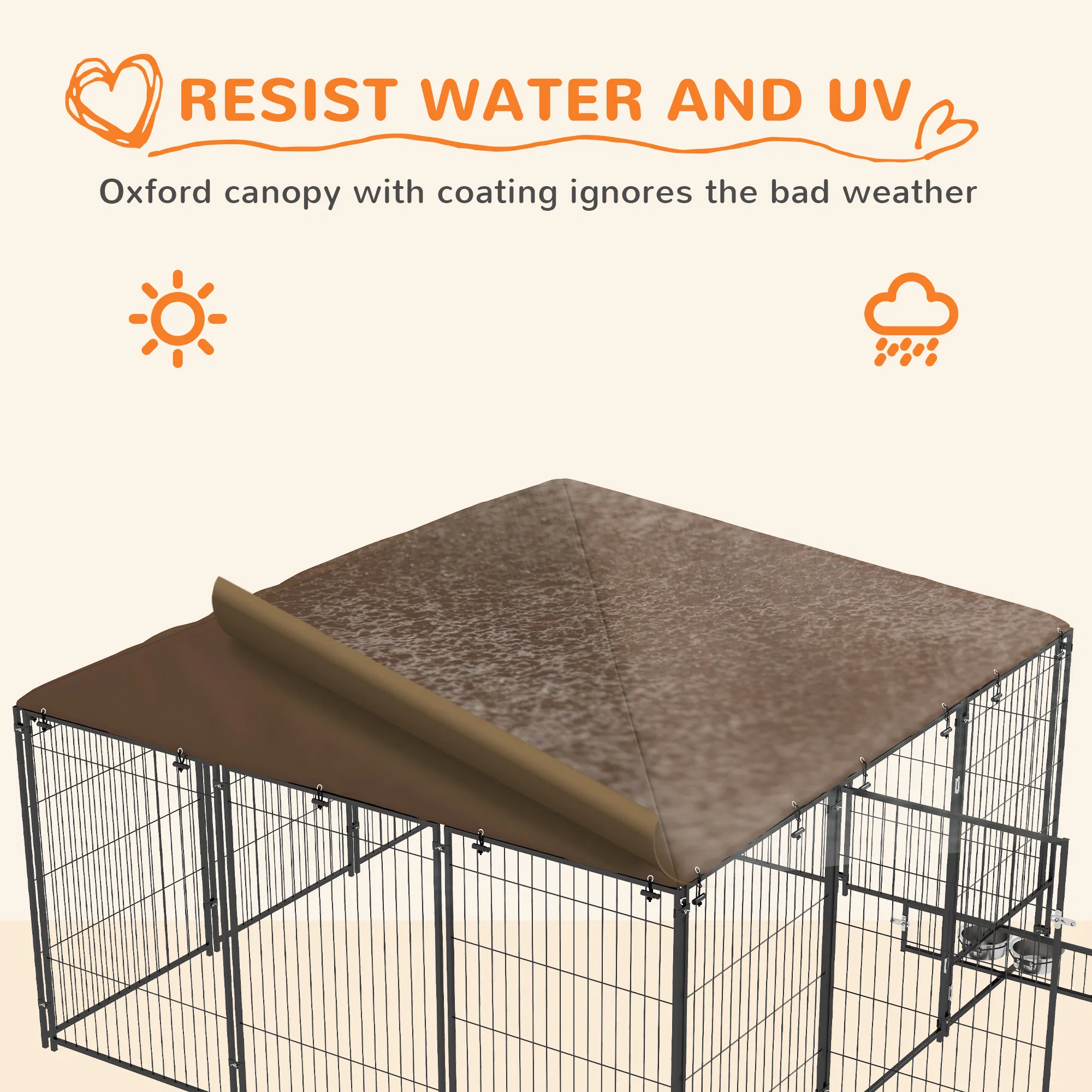 6.9' x 6.9' x 5' Outdoor Dog Kennel with Canopy, Rotating Bowls, Coffee — image 4