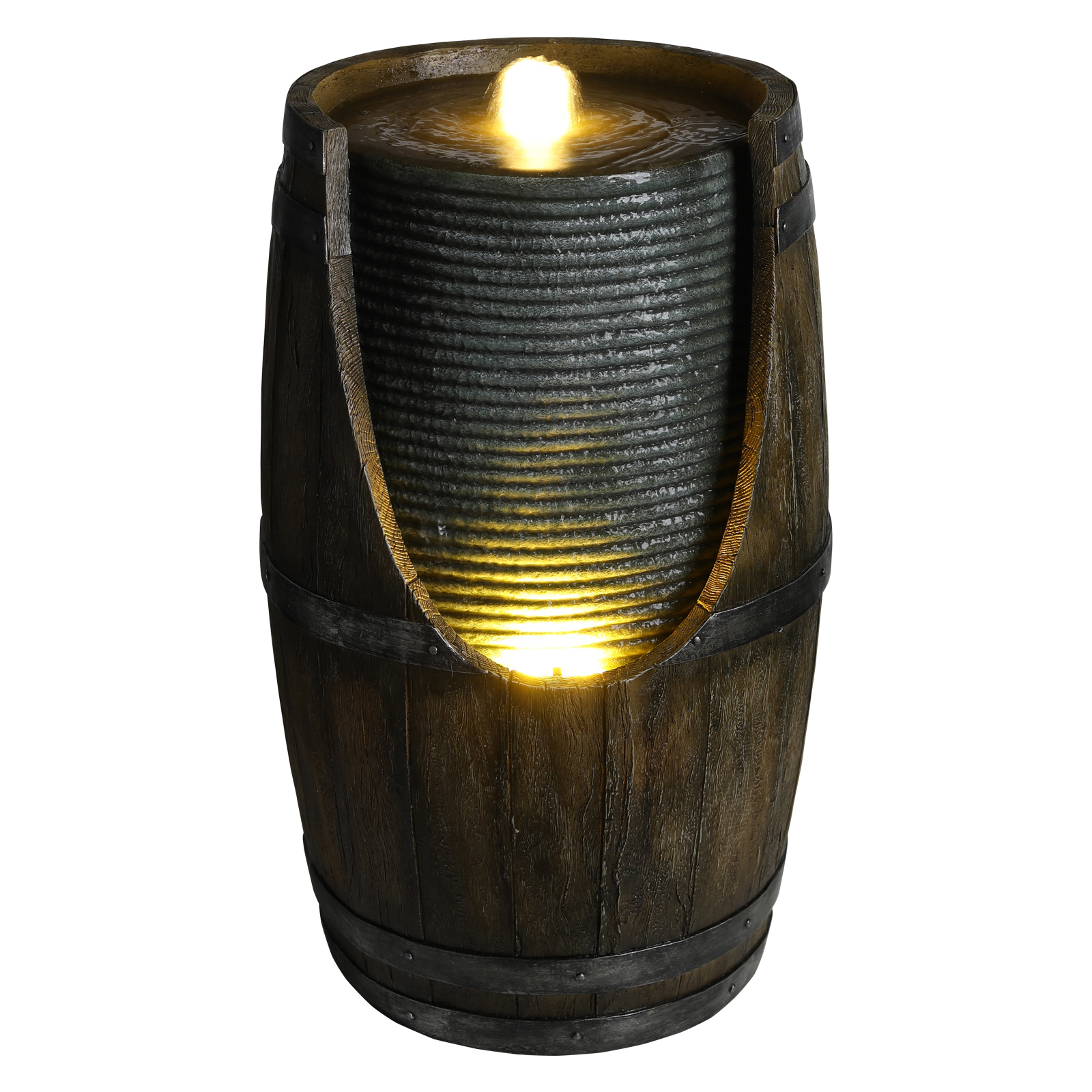 Fuente de Agua para Jardín con Bebedero para Pájaros, Barril Rustico con Luces LED y Bomba, Característica de Madera Falsa en Resina para Patio, Jardín o Porche — imagen 2