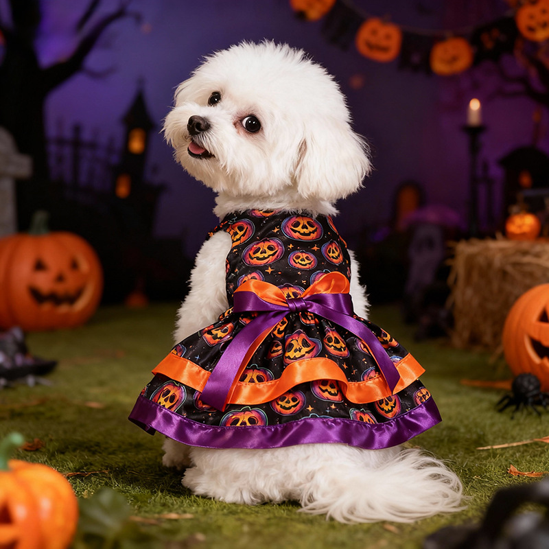 Pet Clothes Dog Halloween Pumpkin Colorful Skull Halloween Party Dress Double Layer Bow Skirt — image 2