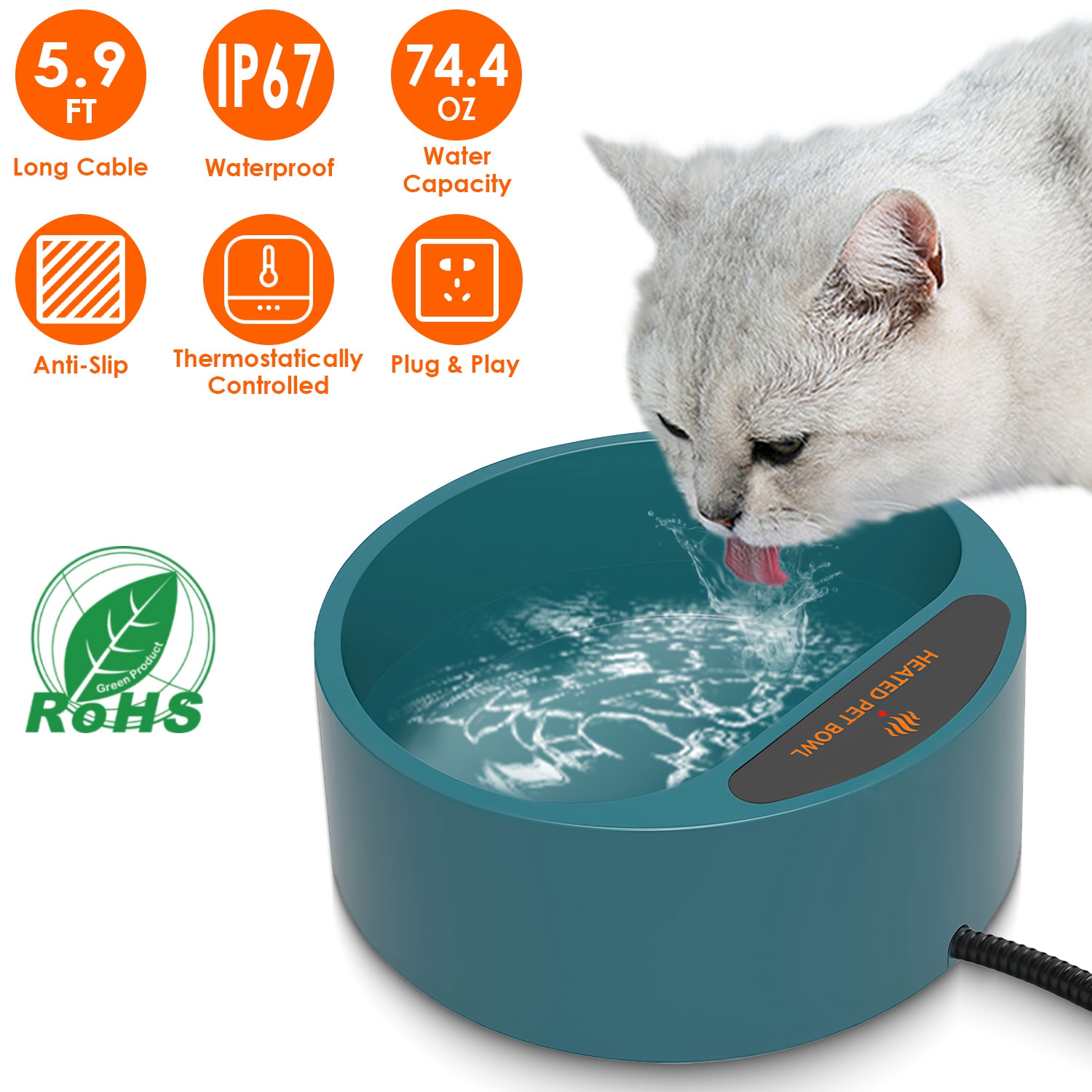 Bebedero Calefactado para Perro y Gato 74.4OZ Plato de Agua Térmico con Calefacción IP67 Impermeable Bebedero Térmico para Mascotas Perro Gato Comedero de Agua para Perro Gato Conejo Mascota — imagen 5