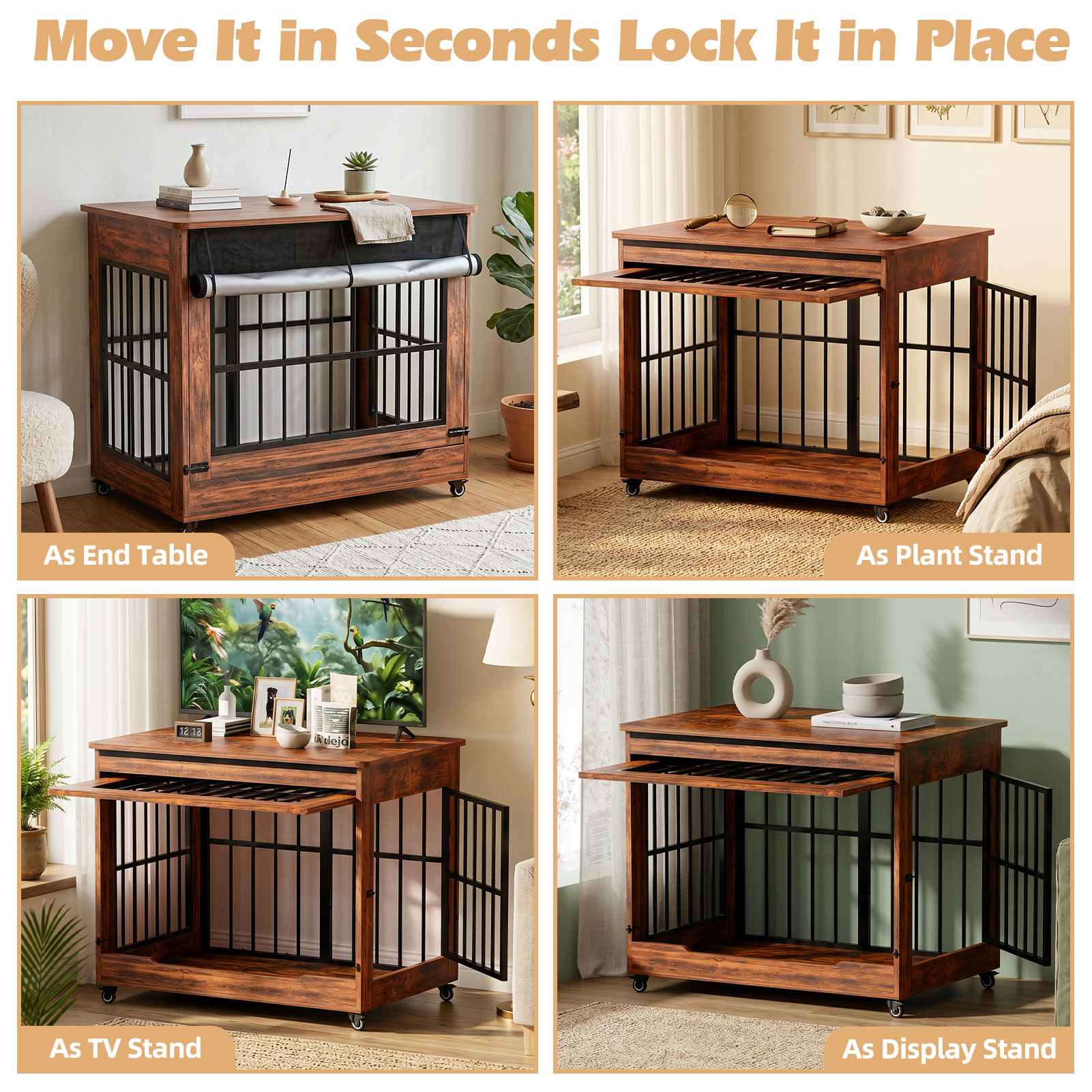 Large Dog Crate Furniture, Double Door Wooden Indoor Dog Kennel Furniture, Decorative Pet Cage End Table With Wheels For Extra Large Breed Dogs, Size 2XL, Greige — image 10