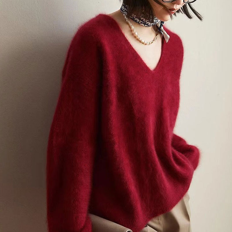 Women's Faux Mink V-Neck Long Sleeve Pullover Sweater Loose Knit Top — image 10