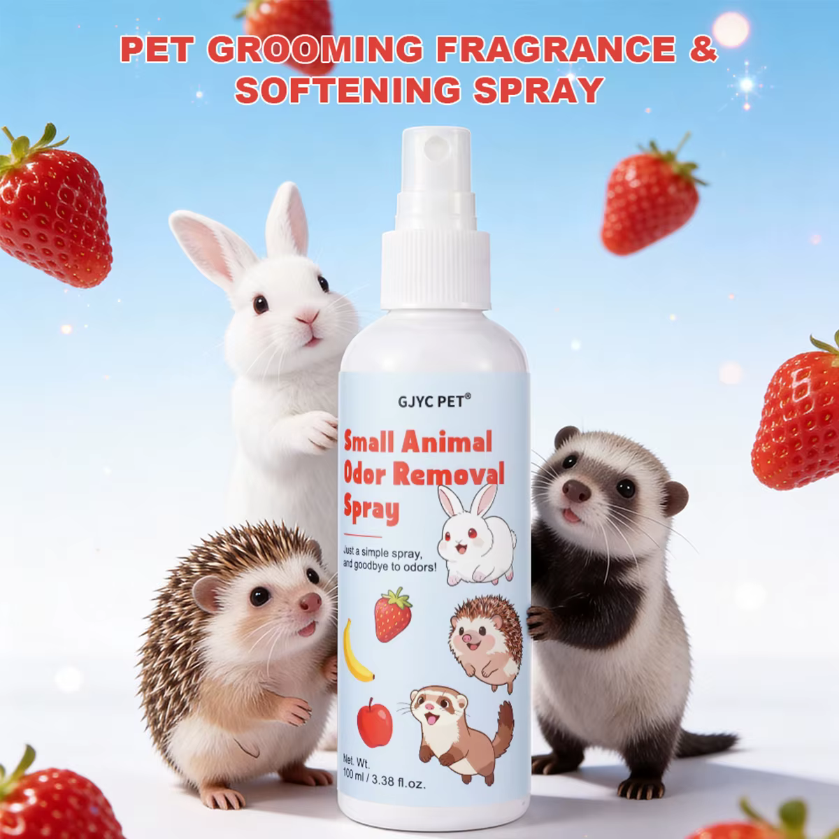 Small Animal Odor Remover Spray 100ml Strawberry Scent Gentle Long Lasting for Rabbit Ferret Hedgehog Guinea Pig Cage Care — image 1