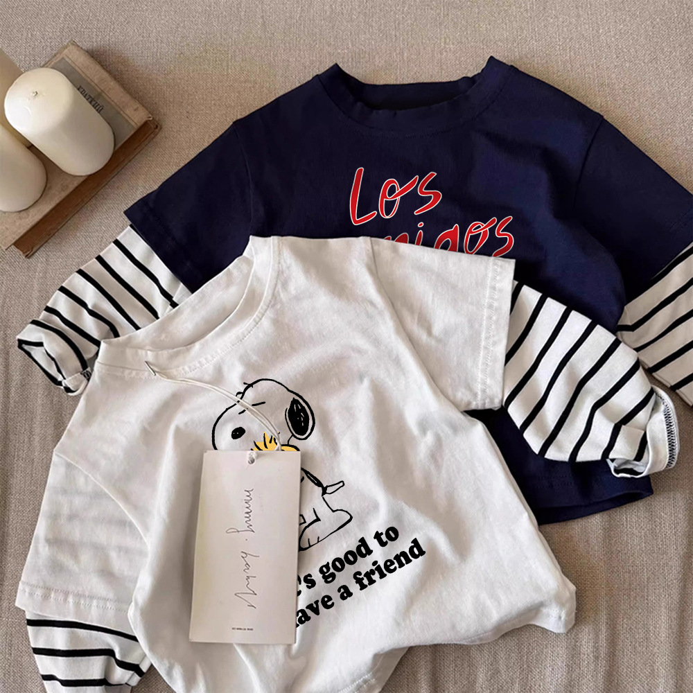 Long Sleeve Striped Faux Two-Piece Cartoon Dog Casual Cotton T-Shirt — image 4