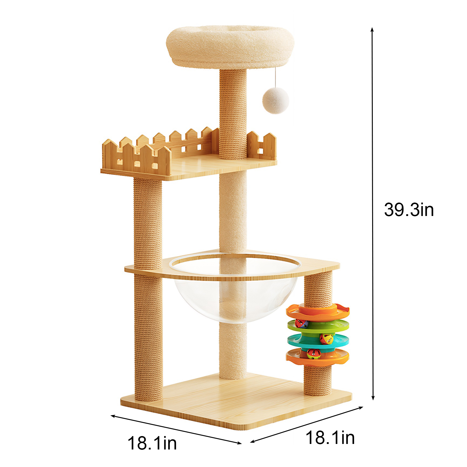 Torre para Gatos Moderna de 39.3", Rascador de Madera para Gatos de Interior, con Postes Rascadores Forrados de Sisal, Percha Superior, Condominio con Hamaca de Acrílico y Juguetes para Gatos Pequeños y Grandes — imagen 3