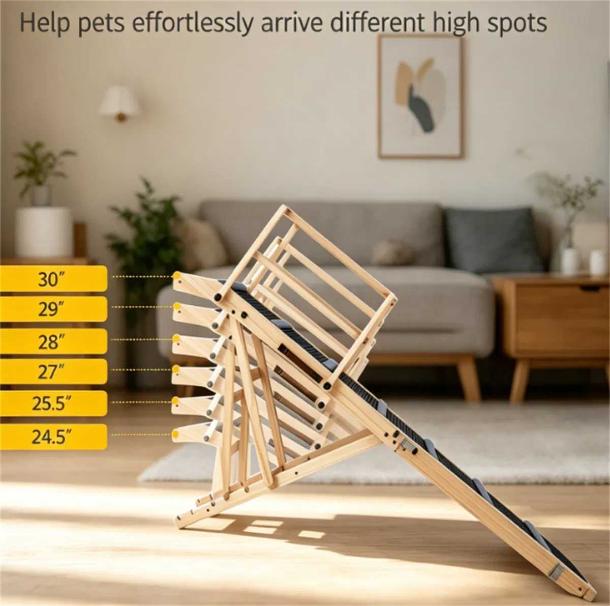 6-Level Adjustable Foldable Pet Ramp, Solid Pine Wood Non-Slip Dog Stairs with Side Rails, 145 lbs Heavy Duty Pet Step for Senior Dogs & Pets with Mobility Issues — image 3